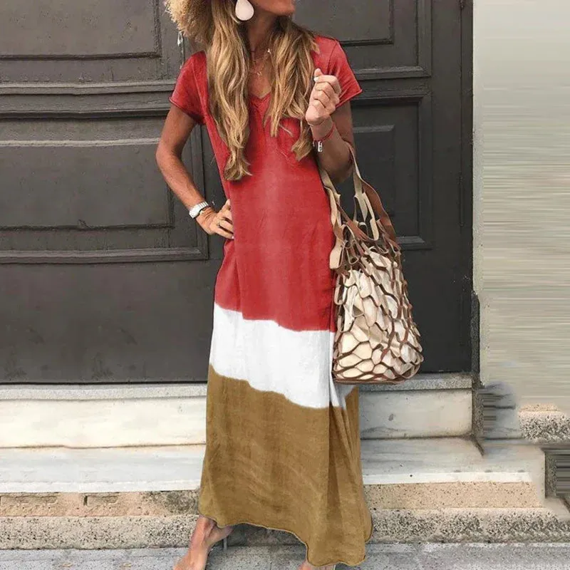 2024 Fashion V-Neck Short Sleeve Pullover Boho Dress