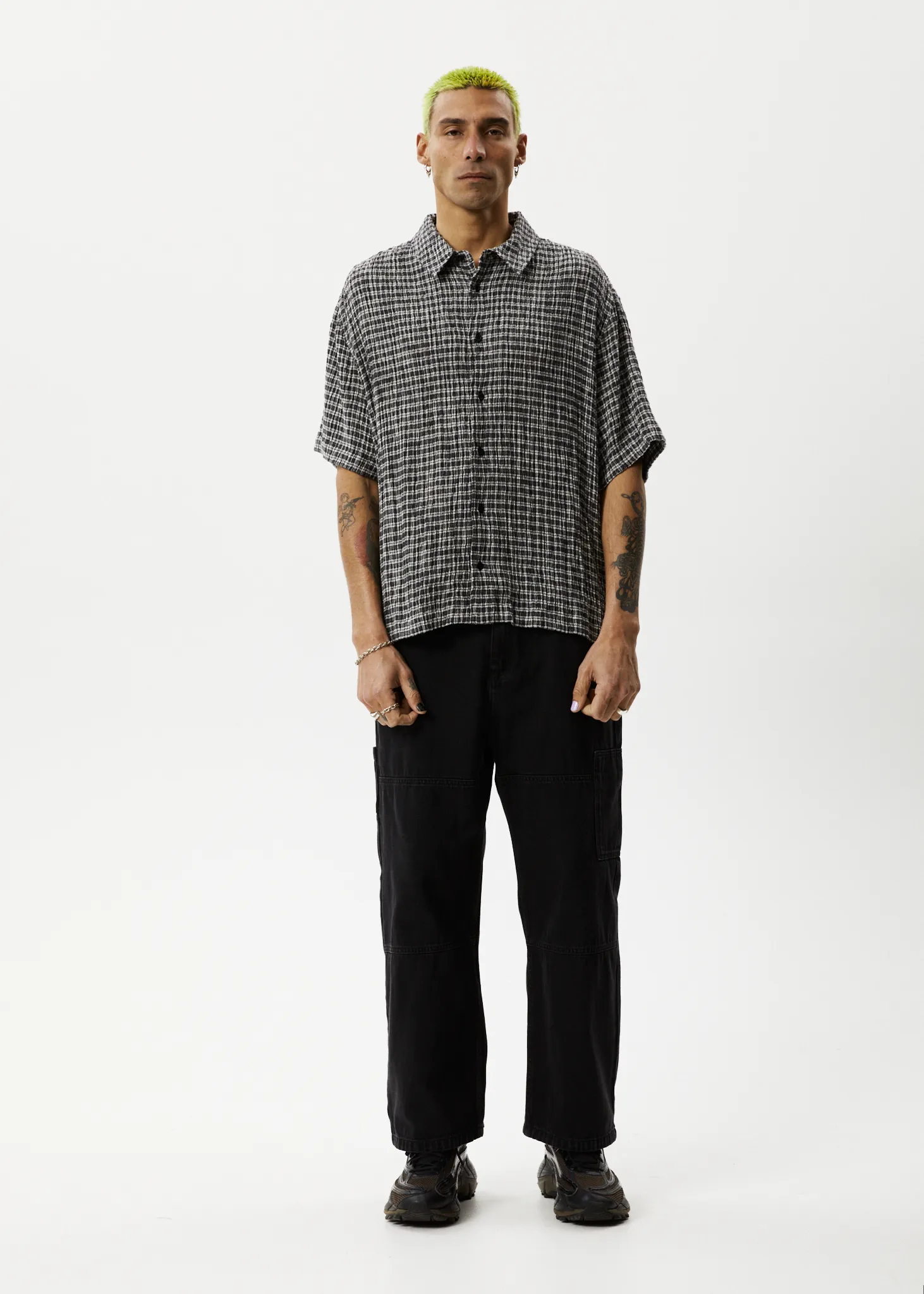 AFENDS Mens Asta - Seersucker Check Shirt - Steel Check