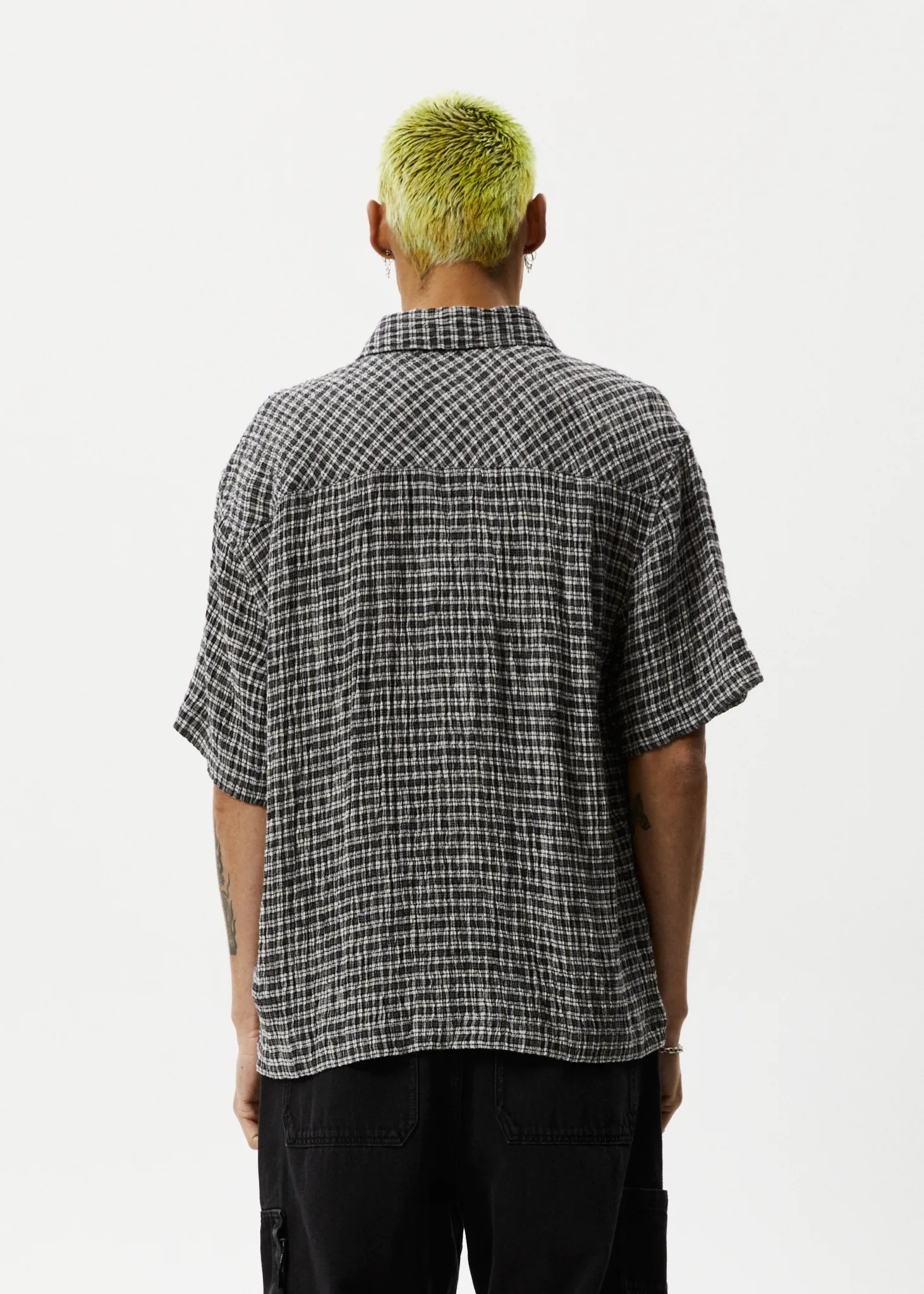 AFENDS Mens Asta - Seersucker Check Shirt - Steel Check