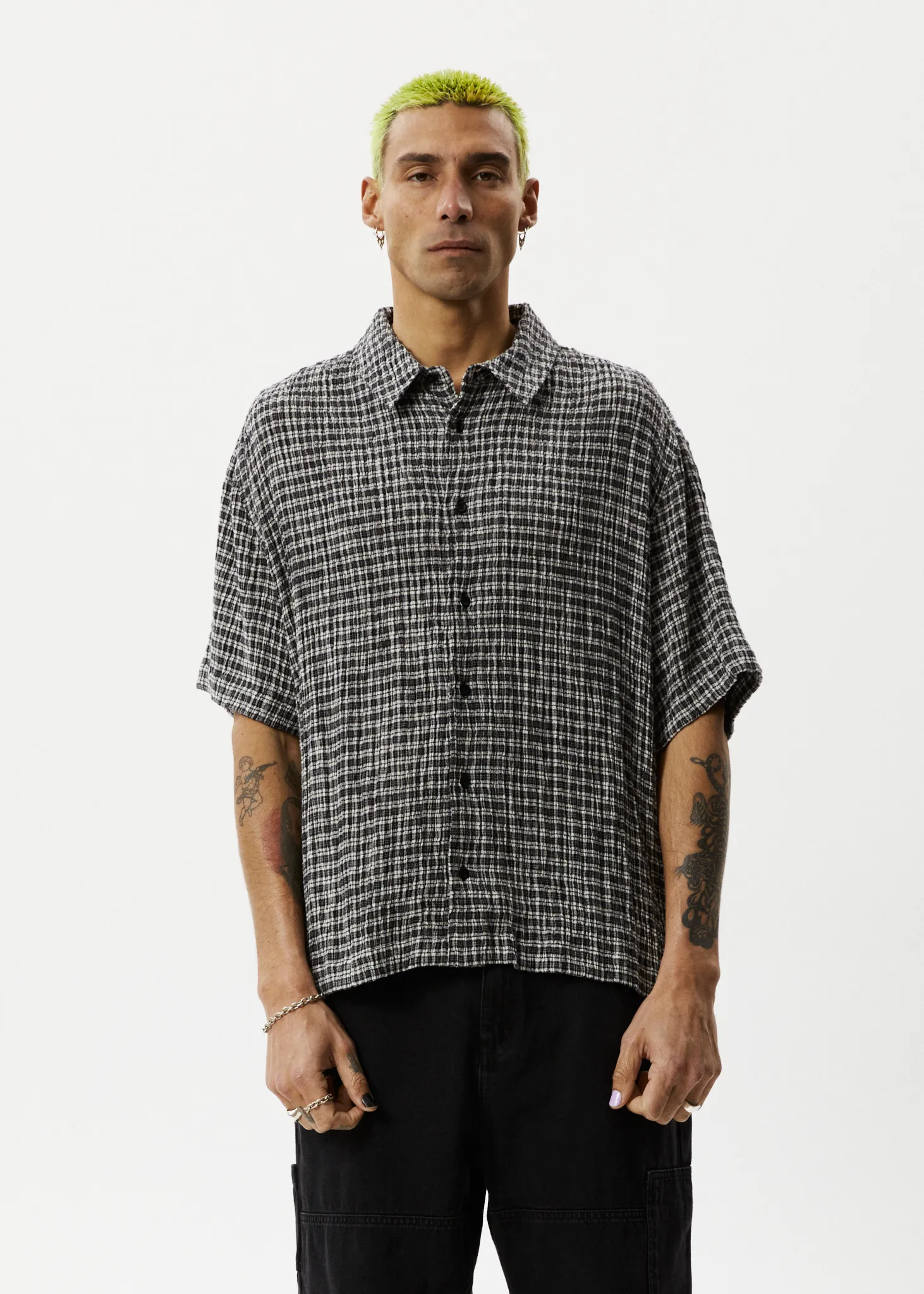 AFENDS Mens Asta - Seersucker Check Shirt - Steel Check