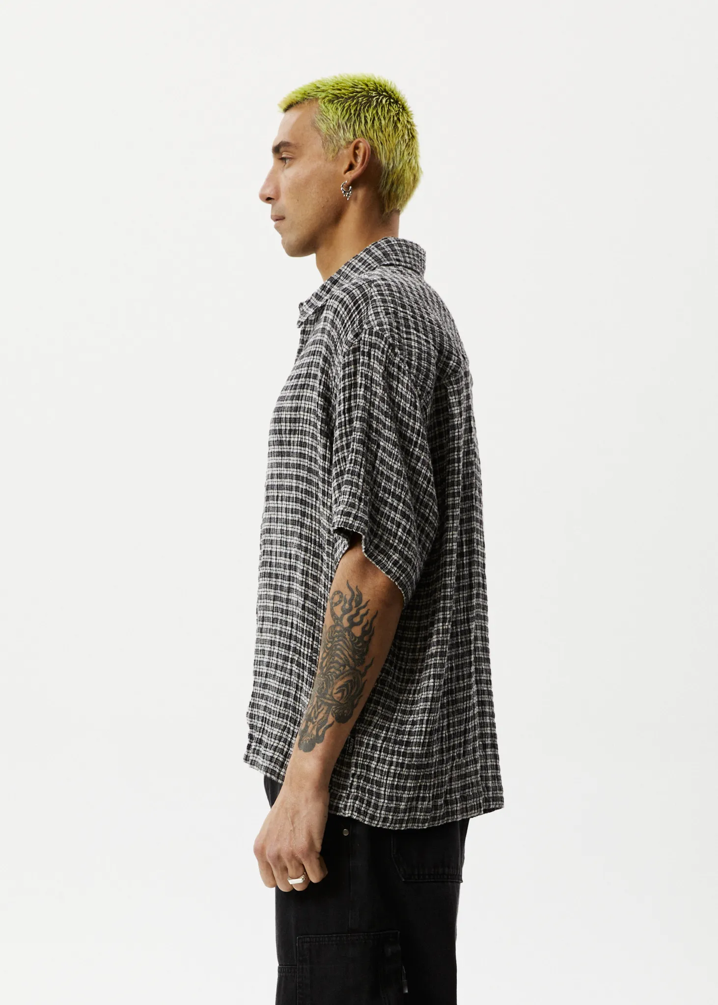 AFENDS Mens Asta - Seersucker Check Shirt - Steel Check