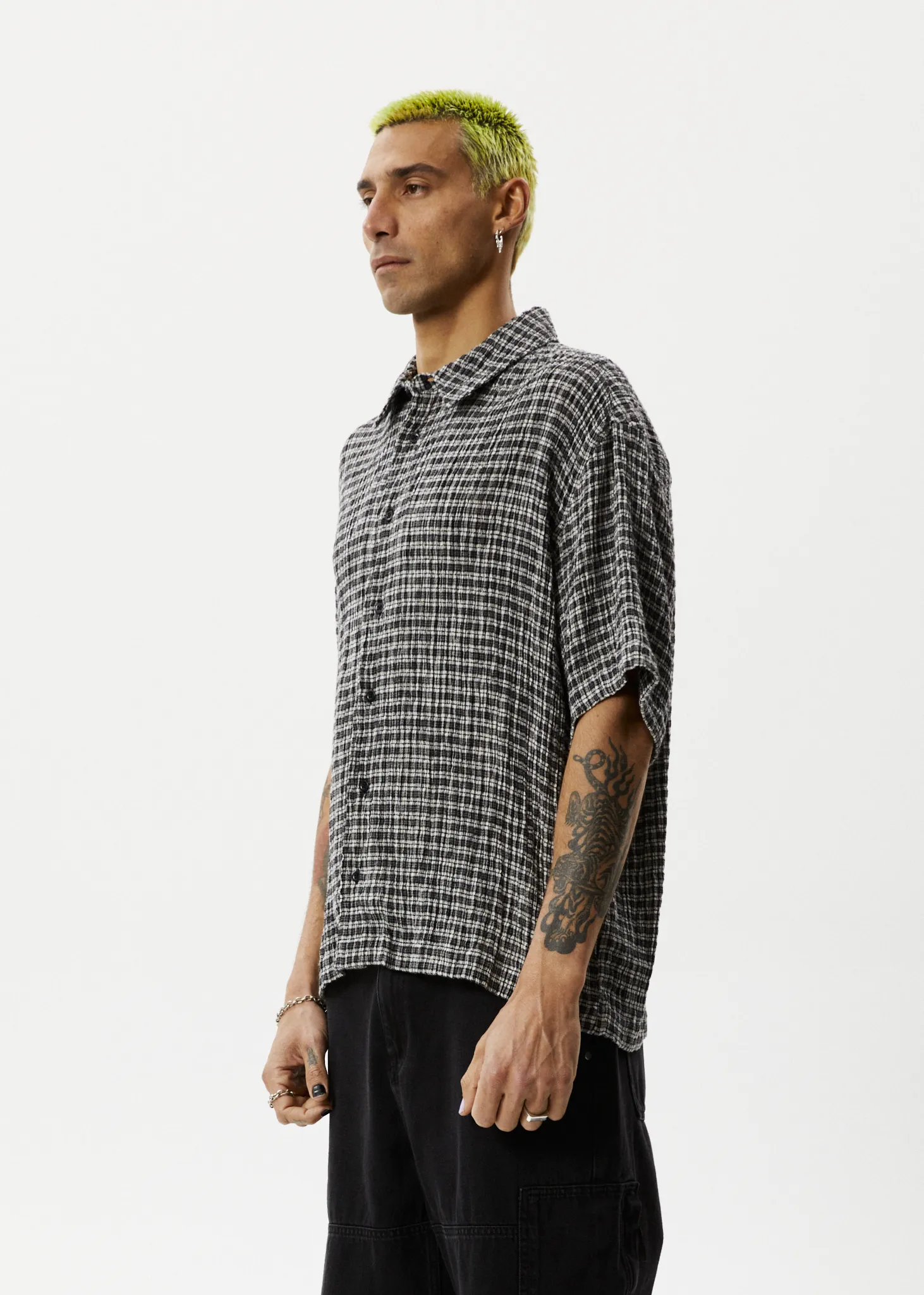 AFENDS Mens Asta - Seersucker Check Shirt - Steel Check