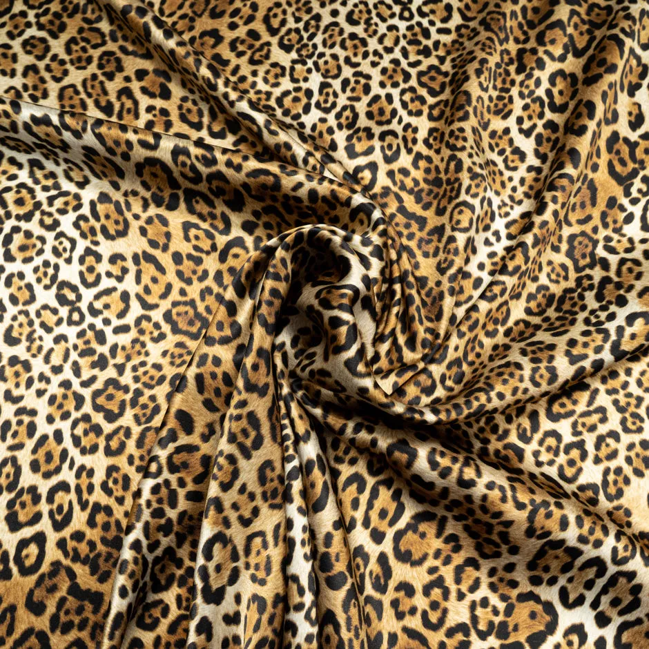 Beige, Brown & Black Leopard Printed Silk Satin