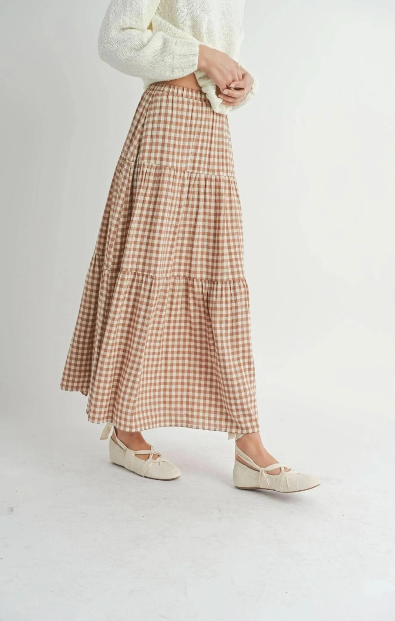 Brown & Ivory Checkered Tiered Maxi Skirt