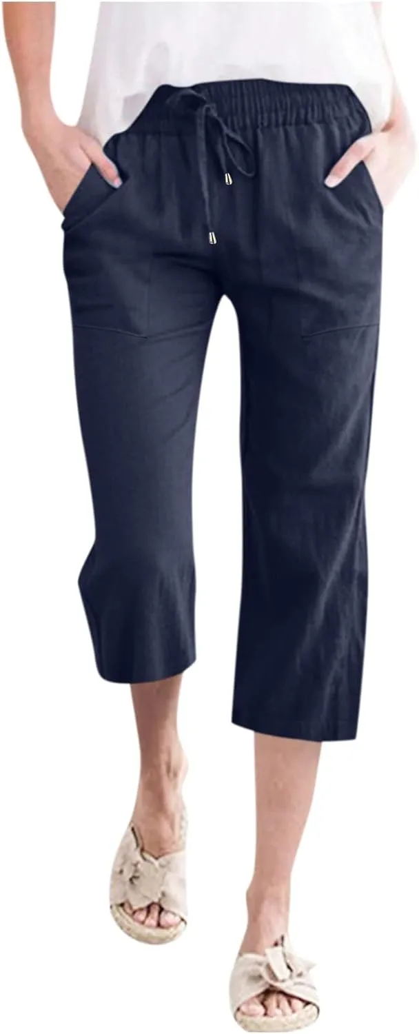 Capris Pants for Women Casual Summer 2025 Cotton Linen Pant Lounge Elastic Waisted Wide Leg Cropped Trousers