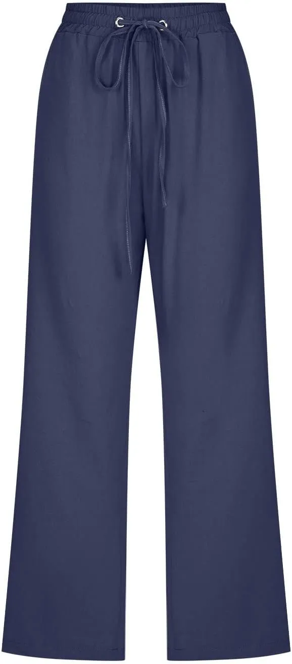 Capris Pants for Women Casual Summer 2025 Cotton Linen Pant Lounge Elastic Waisted Wide Leg Cropped Trousers