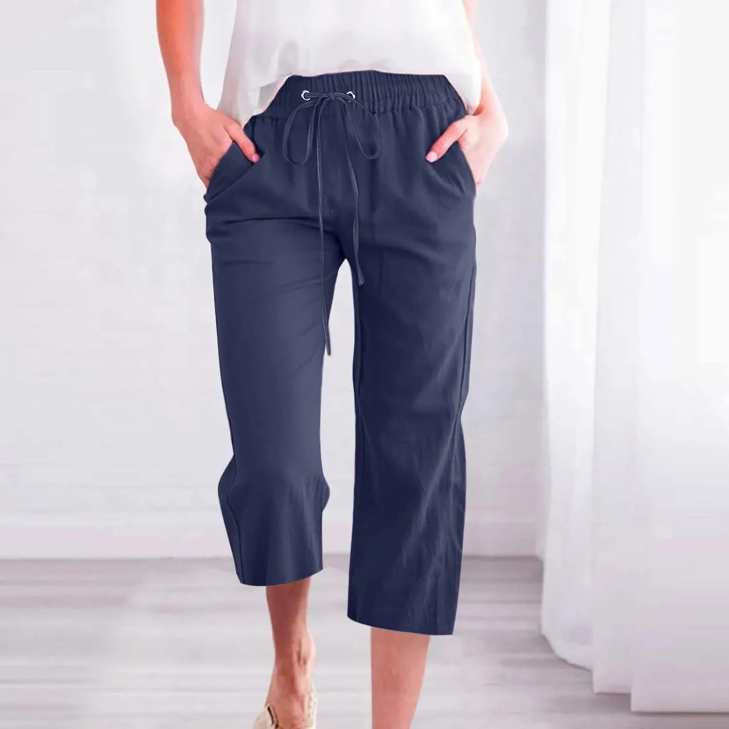 Capris Pants for Women Casual Summer 2025 Cotton Linen Pant Lounge Elastic Waisted Wide Leg Cropped Trousers