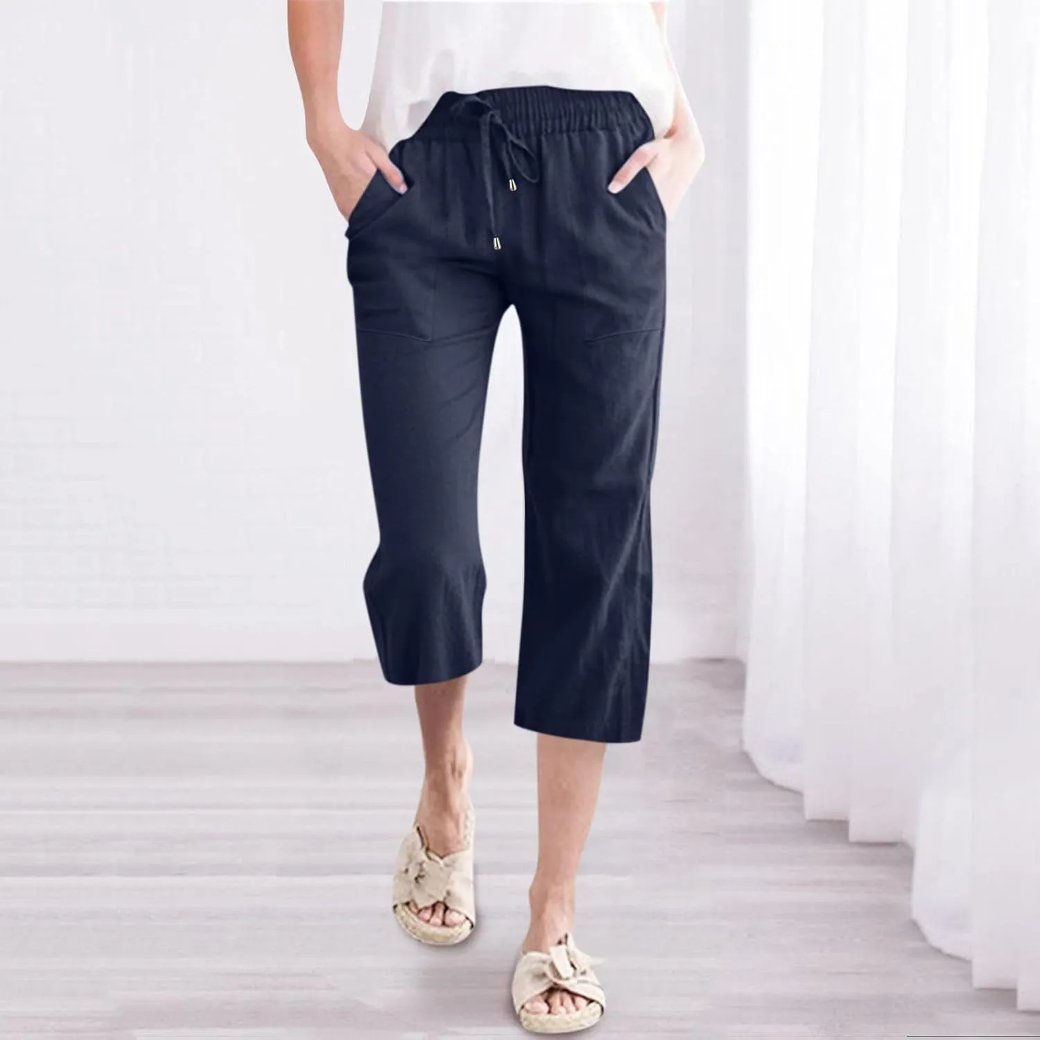 Capris Pants for Women Casual Summer 2025 Cotton Linen Pant Lounge Elastic Waisted Wide Leg Cropped Trousers