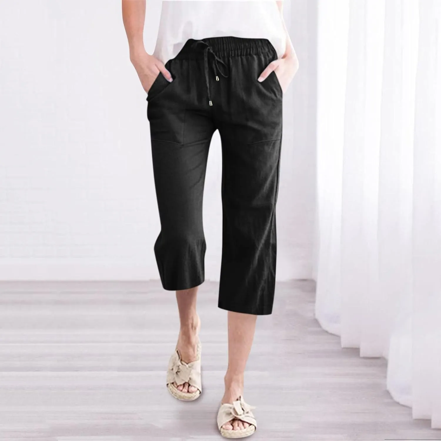 Capris Pants for Women Casual Summer 2025 Cotton Linen Pant Lounge Elastic Waisted Wide Leg Cropped Trousers
