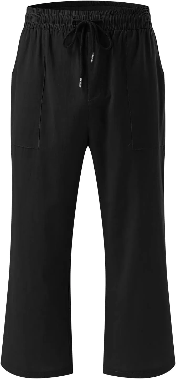 Capris Pants for Women Casual Summer 2025 Cotton Linen Pant Lounge Elastic Waisted Wide Leg Cropped Trousers