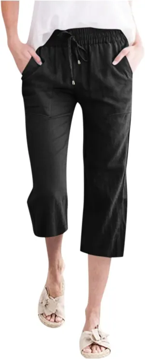 Capris Pants for Women Casual Summer 2025 Cotton Linen Pant Lounge Elastic Waisted Wide Leg Cropped Trousers
