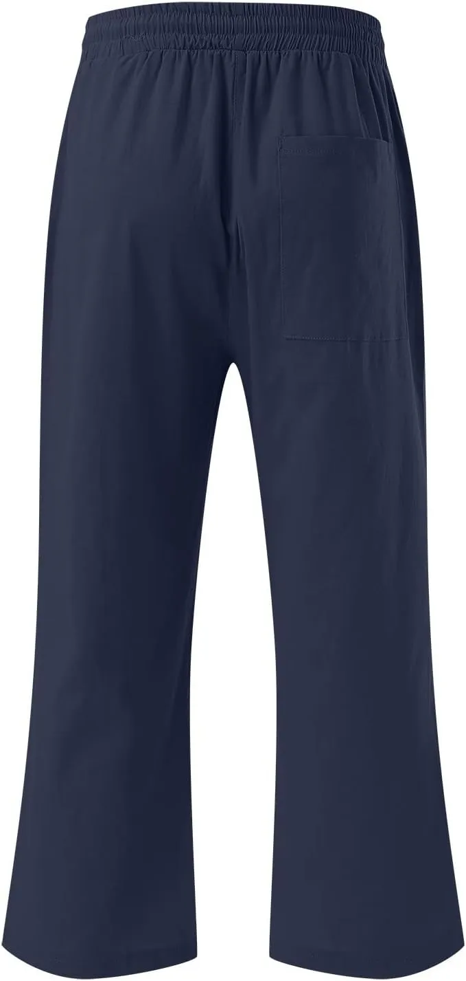 Capris Pants for Women Casual Summer 2025 Cotton Linen Pant Lounge Elastic Waisted Wide Leg Cropped Trousers