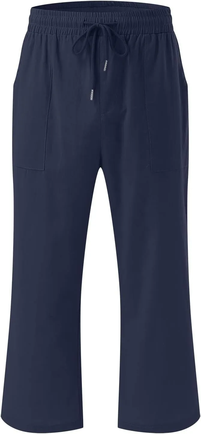 Capris Pants for Women Casual Summer 2025 Cotton Linen Pant Lounge Elastic Waisted Wide Leg Cropped Trousers