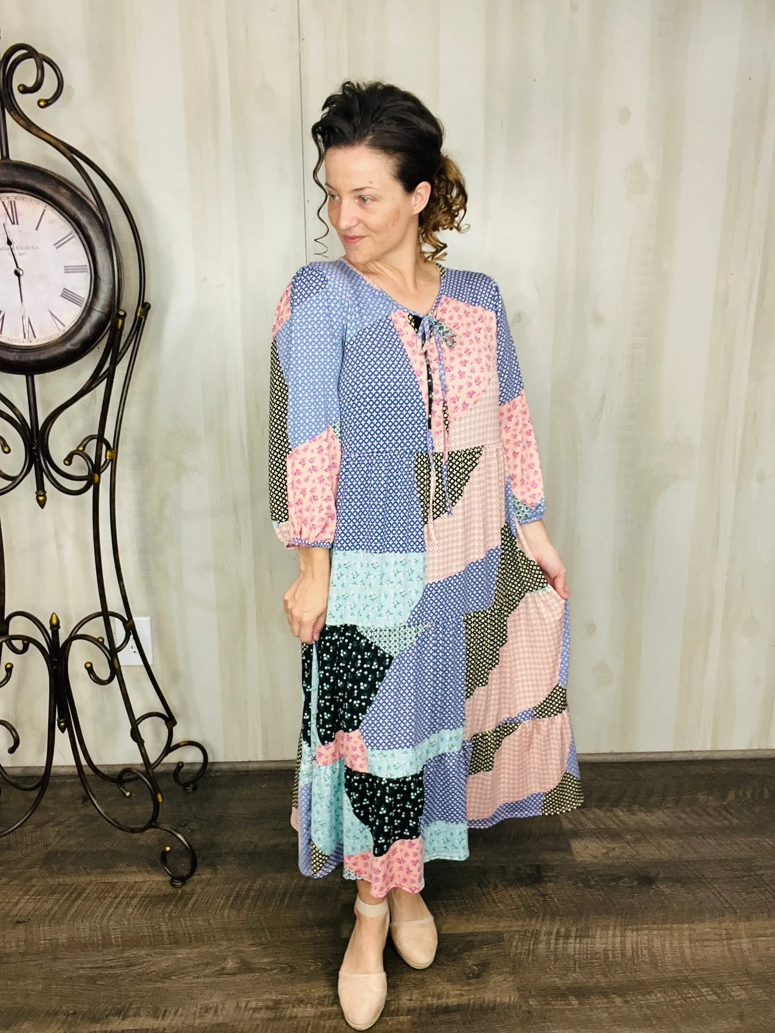 Cassie Marie Tiered Boho Style Dress-Mauve & Blue Patchwork