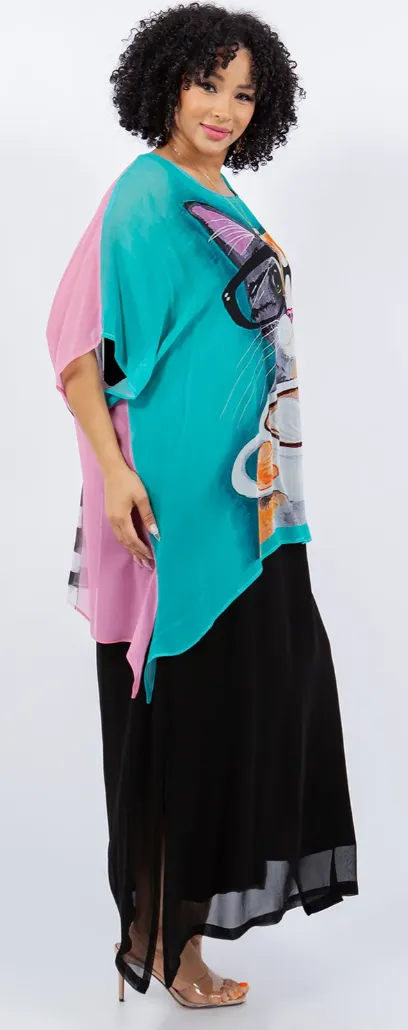 Cats Reversible 2 Colors Plus Cat-A-Cinno  Oversize Tunic Top Lagenlook Boho Hippie Chic SML-6X 