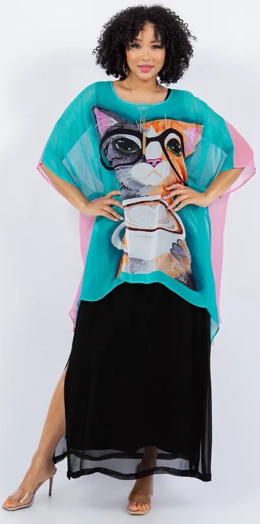 Cats Reversible 2 Colors Plus Cat-A-Cinno  Oversize Tunic Top Lagenlook Boho Hippie Chic SML-6X 