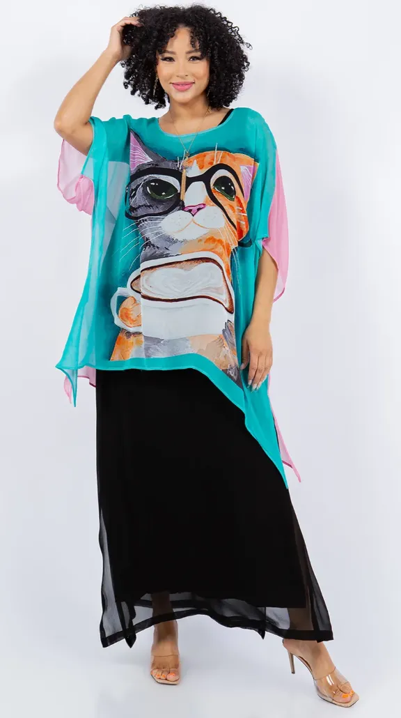 Cats Reversible 2 Colors Plus Cat-A-Cinno  Oversize Tunic Top Lagenlook Boho Hippie Chic SML-6X 