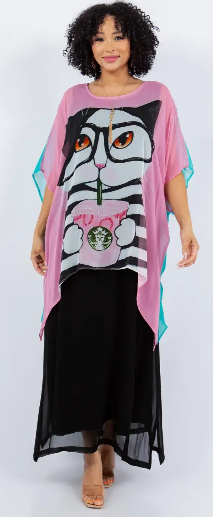Cats Reversible 2 Colors Plus Cat-A-Cinno  Oversize Tunic Top Lagenlook Boho Hippie Chic SML-6X 