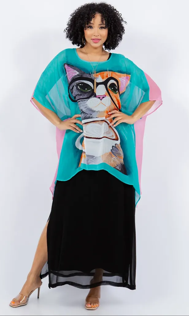 Cats Reversible 2 Colors Plus Cat-A-Cinno  Oversize Tunic Top Lagenlook Boho Hippie Chic SML-6X 