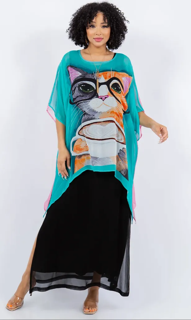 Cats Reversible 2 Colors Plus Cat-A-Cinno  Oversize Tunic Top Lagenlook Boho Hippie Chic SML-6X 