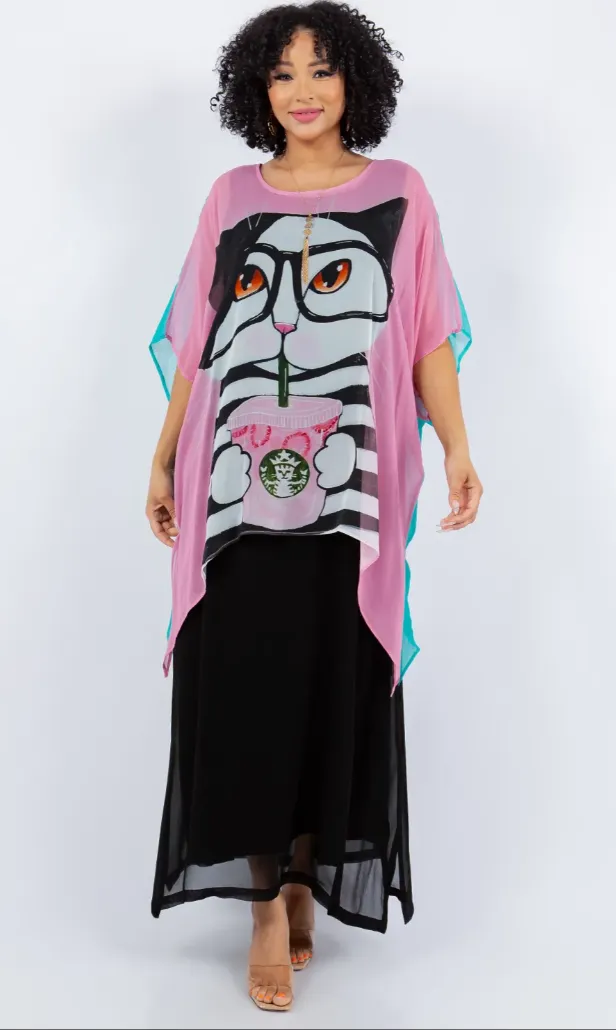 Cats Reversible 2 Colors Plus Cat-A-Cinno  Oversize Tunic Top Lagenlook Boho Hippie Chic SML-6X 