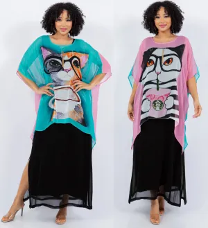 Cats Reversible 2 Colors Plus Cat-A-Cinno  Oversize Tunic Top Lagenlook Boho Hippie Chic SML-6X 