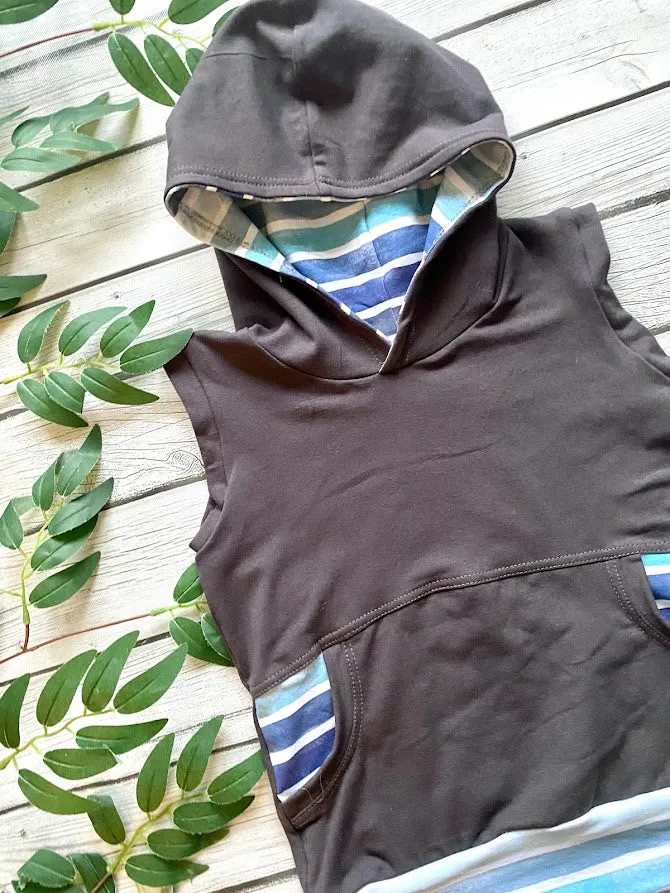 Cool Tone Stripe and Charcoal Hooded Tank Top and Pocket Shorts Set