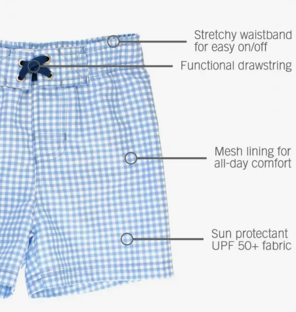 Cornflower Blue Gingham Swim Trunks
