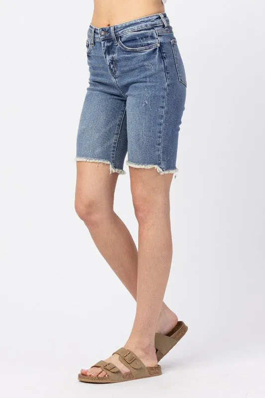 Cut-Off Bermuda Raw Hem Shorts - Washed Out Blue