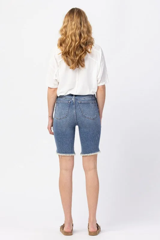Cut-Off Bermuda Raw Hem Shorts - Washed Out Blue