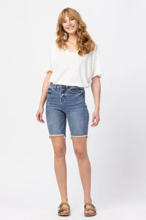 Cut-Off Bermuda Raw Hem Shorts - Washed Out Blue