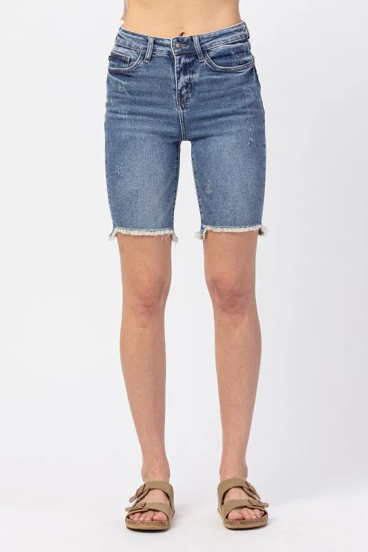 Cut-Off Bermuda Raw Hem Shorts - Washed Out Blue