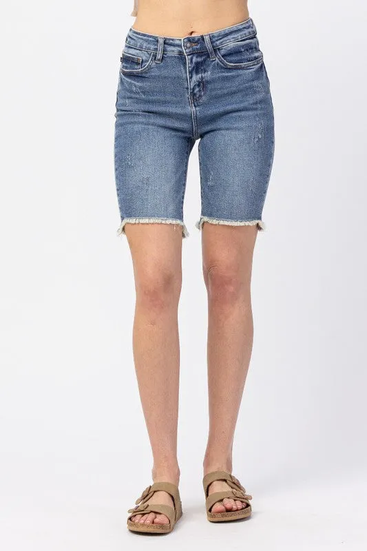 Cut-Off Bermuda Raw Hem Shorts - Washed Out Blue