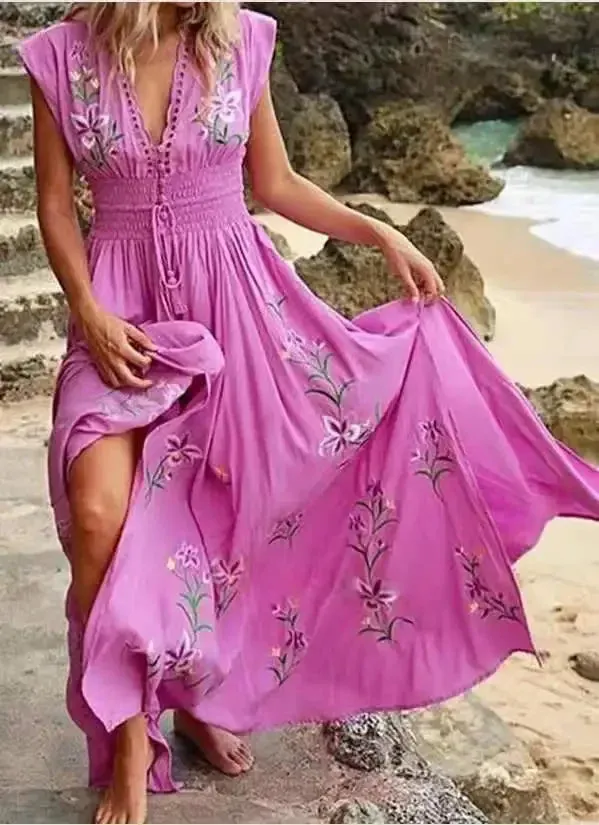 DressBetty - 2024 Elegant Boho Floral Print Long Dress V Neck Boho Dress