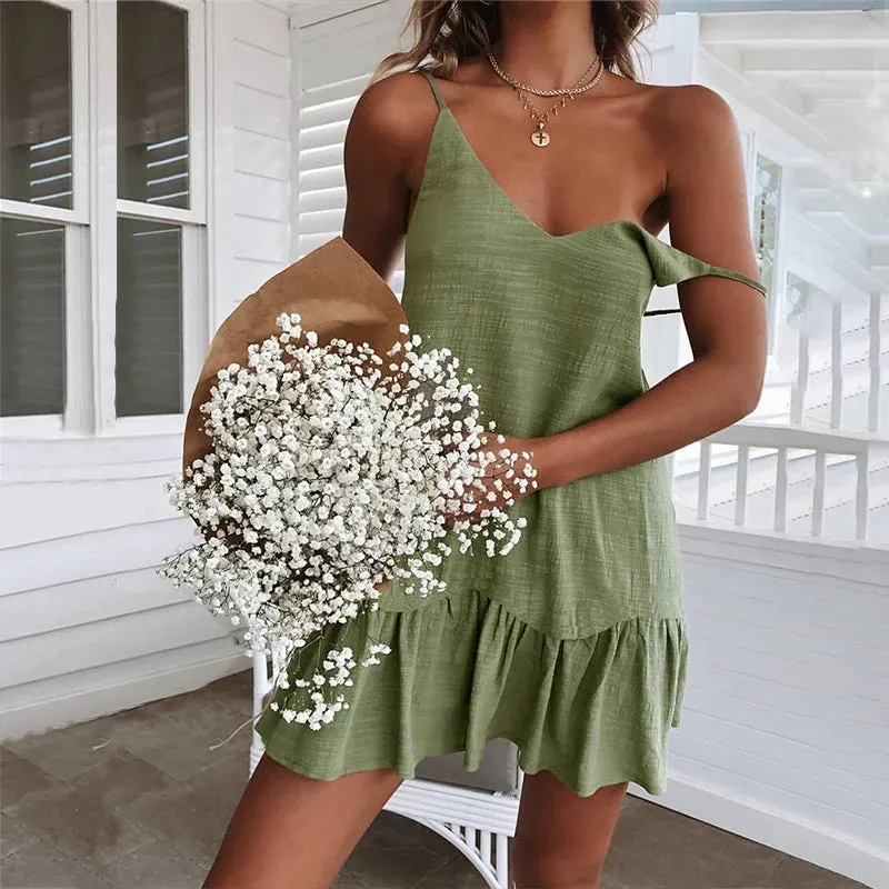 DressBetty - 2024 White Shift Dress Spaghetti Strap Ruffle Mini Boho Dress
