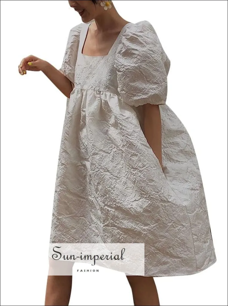 Embroidery White Puff Short Sleeve Square Collar Loose Midi Dress