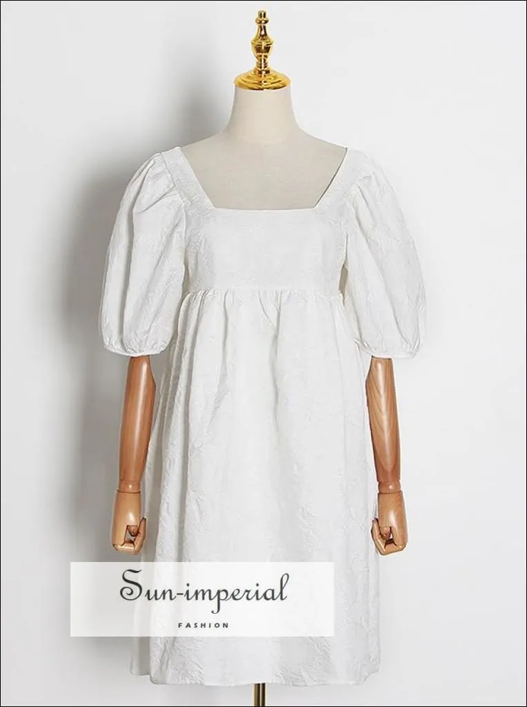 Embroidery White Puff Short Sleeve Square Collar Loose Midi Dress