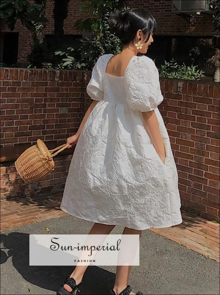 Embroidery White Puff Short Sleeve Square Collar Loose Midi Dress