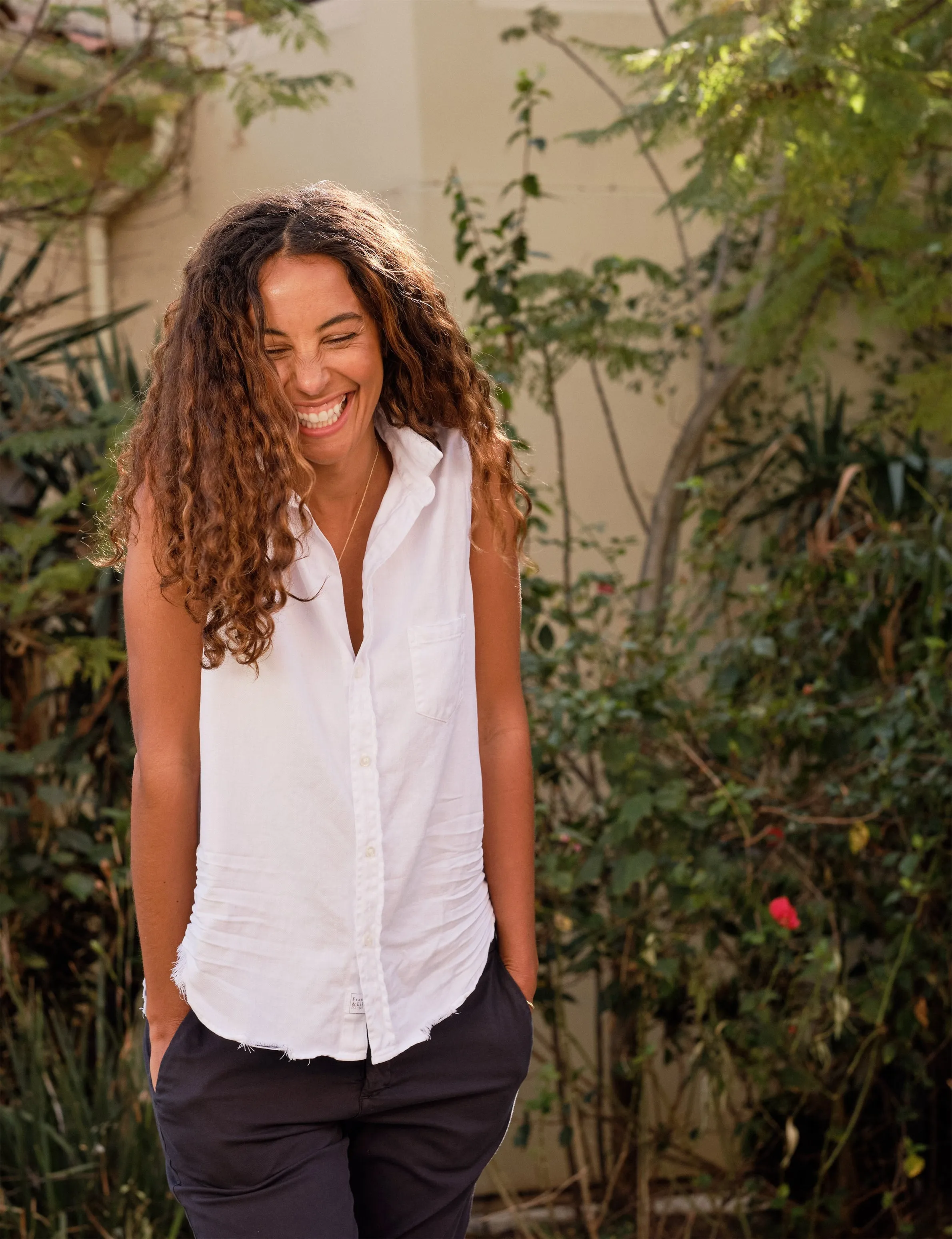 Frank & Eileen - Fiona Woven Button Up in White Tattered Denim