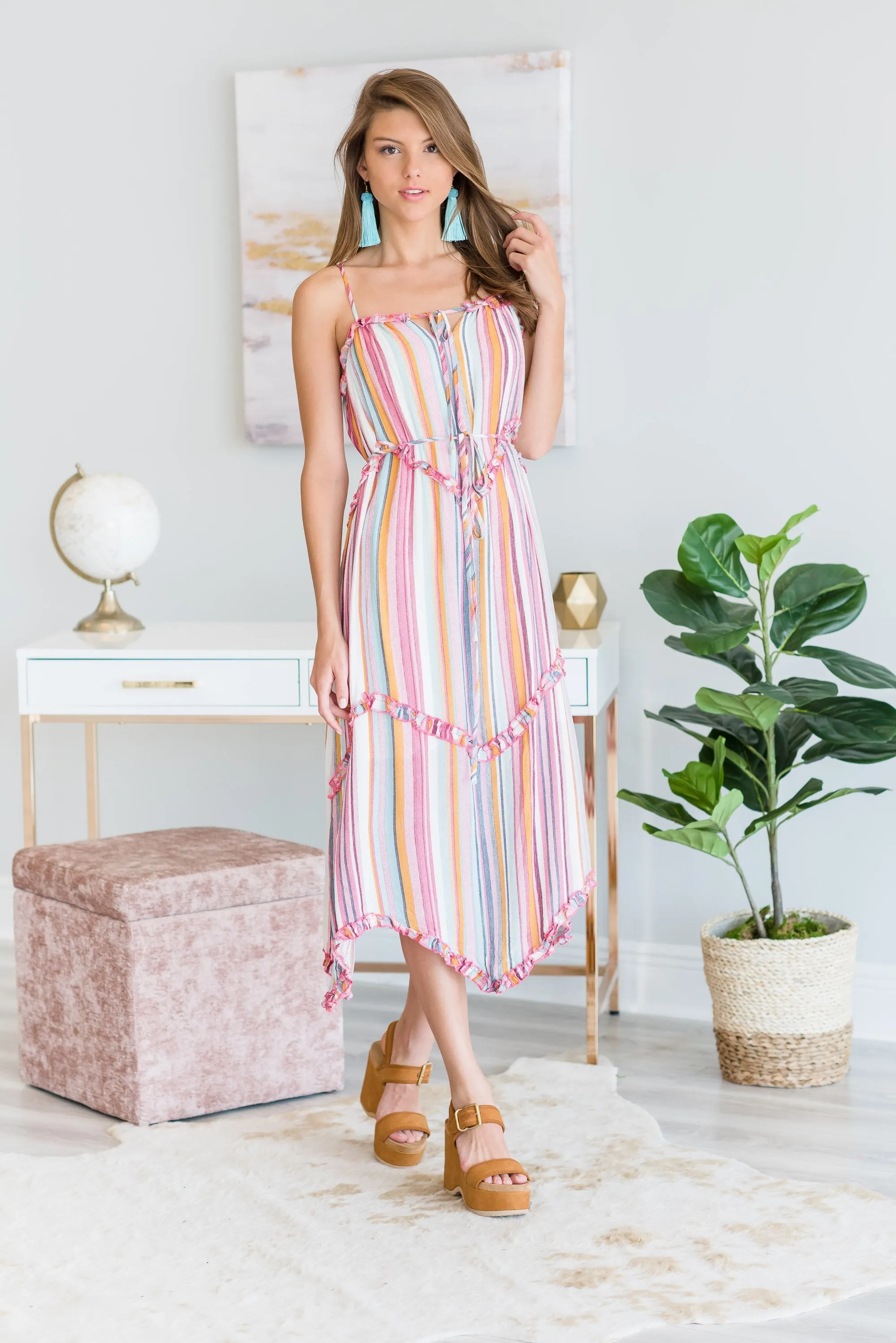 Going Your Own Way Tiered Midi Dress, Pink-Multi