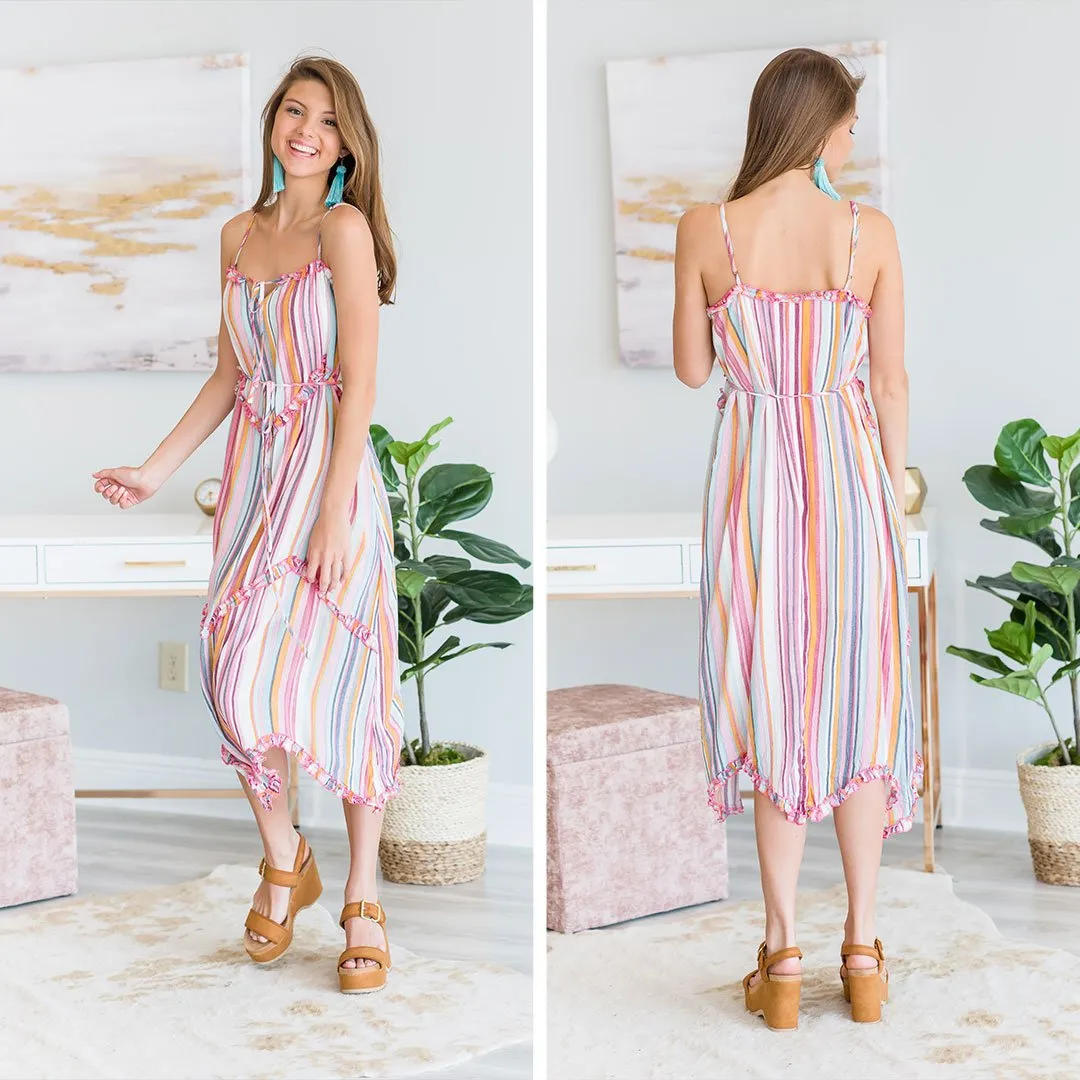 Going Your Own Way Tiered Midi Dress, Pink-Multi