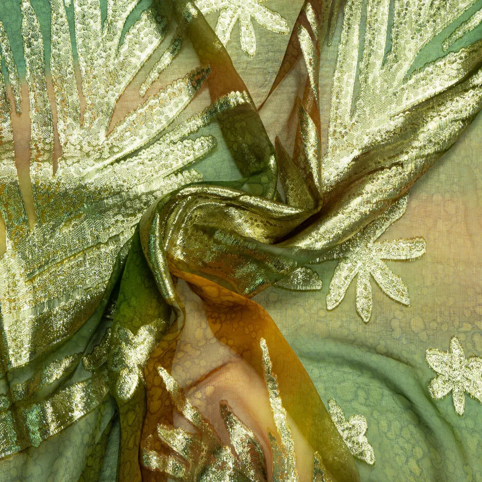 Green Ombré Palm Leaf Metallic Jacquard Silk Chiffon
