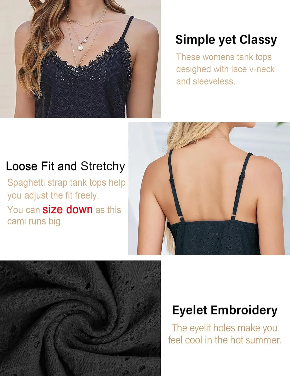 HOTOUCH Camisole for Women V Neck Spaghetti Strap Tank Tops Sleeveless Blouses Loose Fit