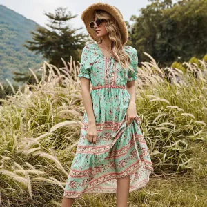 KittenAlarm - Round Neck Stitching Lace Long Skirt Printed Dress