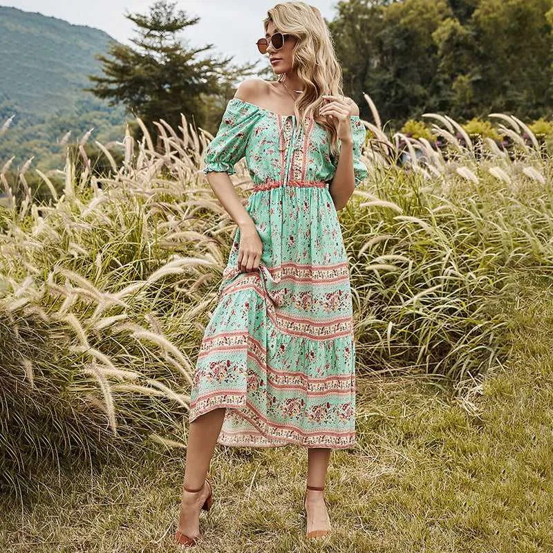 KittenAlarm - Round Neck Stitching Lace Long Skirt Printed Dress