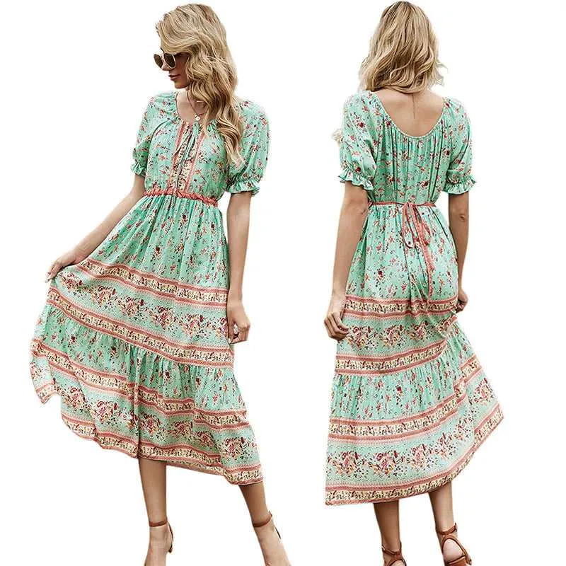 KittenAlarm - Round Neck Stitching Lace Long Skirt Printed Dress