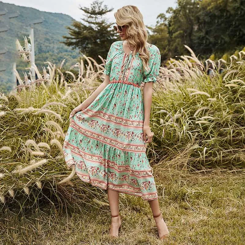 KittenAlarm - Round Neck Stitching Lace Long Skirt Printed Dress