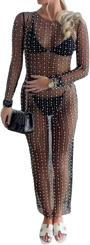 KMBANGI Women Sexy Sheer Mesh Long Dress Bikini Cover Up See Through Maxi Dress Summer Beach Sundress Swimwear