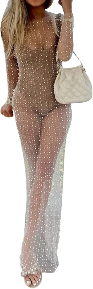 KMBANGI Women Sexy Sheer Mesh Long Dress Bikini Cover Up See Through Maxi Dress Summer Beach Sundress Swimwear