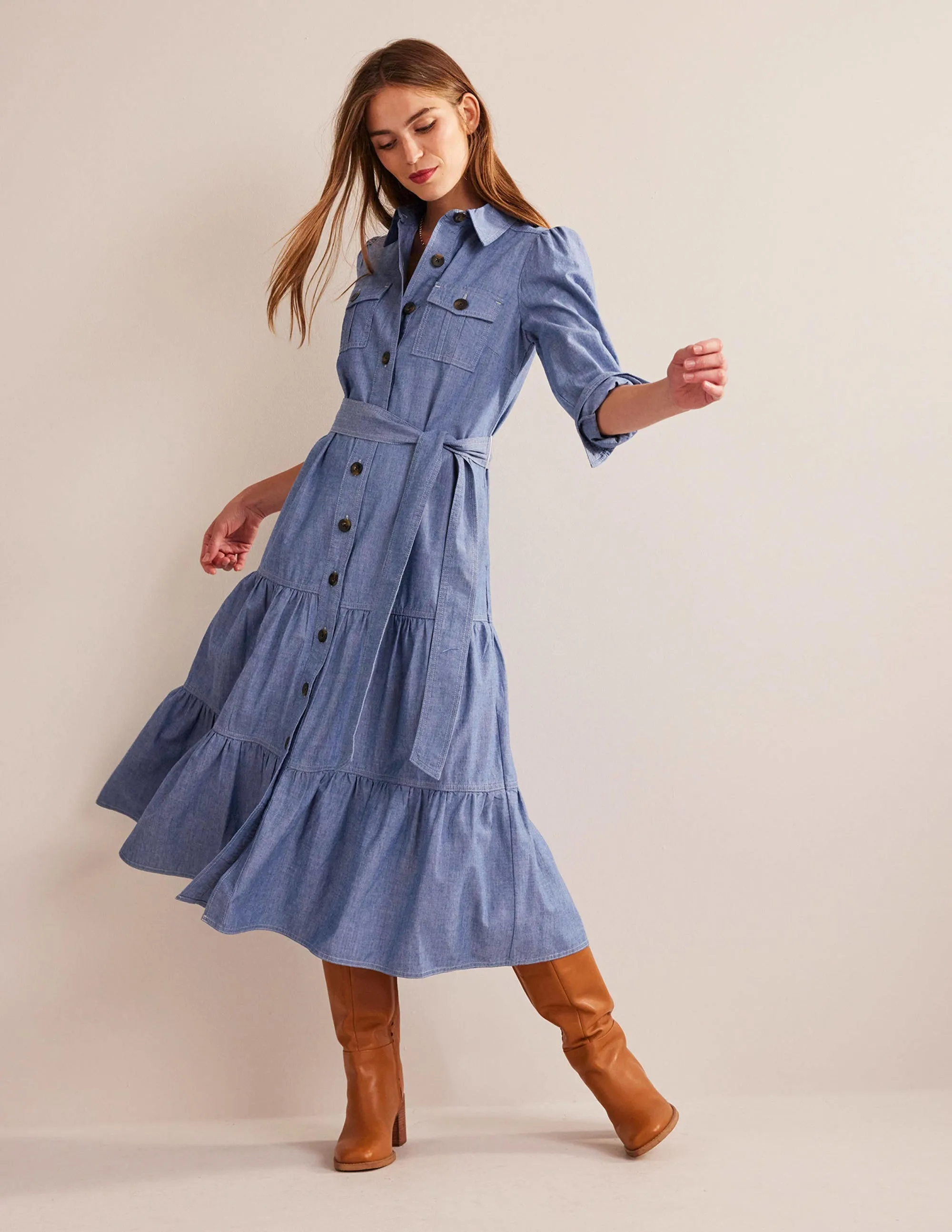 Lily Chambray Midi Shirt Dress-Chambray